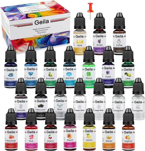 Geila Juego de tintas de alcohol de 24 colores – Tintas de alcohol de alta concentración para resina, tinte vibrante de resina epoxi para placa