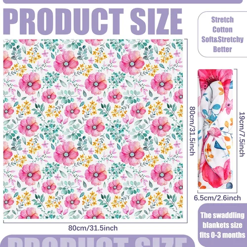 Miniatura 2 de Moukeren 4 juegos de mantas para bebé recién nacido, con diademas para recién nacido, con estampado floral, manta para bebé, saco de dormir