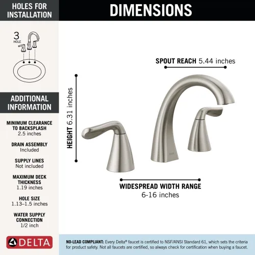 Miniatura 5 de Delta Arvo Grifo de Níquel Cepillado de 3 Agujeros, Grifo de Lavabo de Baño de 8 Pulgadas de Extensión Amplia para Tocador, Ensamblaje de Desagüe