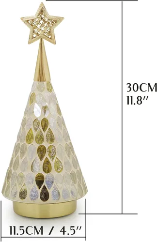 Miniatura 7 de Árbol de Navidad de vidrio con mosaico dorado con estrella, 2 piezas de árboles de Navidad pequeños de mesa con luz, árbol de Navidad a