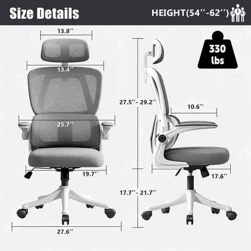 Miniatura 2 de Silla de oficina ergonómica, silla de escritorio de malla blanca y negra con soporte lumbar ajustable y reposacabezas, ruedas giratorias de 360°