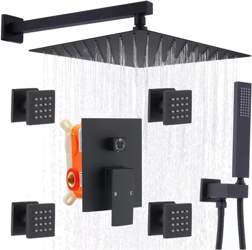 Enga Sistema de ducha de lluvia negro mate con 4 chorros corporales, ducha de lluvia de 12 pulgadas montada en pared, sistema de cabezal de ducha