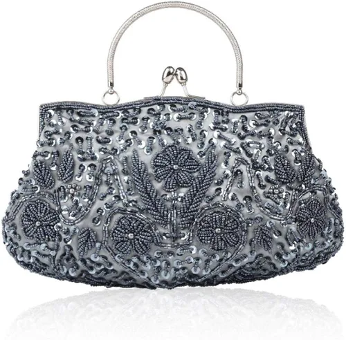 Vistatroy Bolso de noche de diseño floral con cuentas con diseño de lentejuelas vintage cierre de beso bolso de mano de satén bolso de mano para