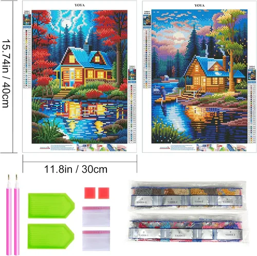 Miniatura 2 de YOYA Paquete de 2 Kits de Pintura de Diamantes de Cabaña de Troncos para Adultos, Kits de Arte de Diamantes 5D de Cabaña del Lago para Adultos, Kit