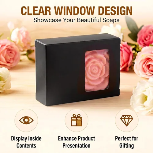 Miniatura 3 de Spakon 30 cajas de jabón de papel kraft negro con ventana, 3.5 x 2.6 x 1.2 pulgadas, se adapta a hasta 4 jabones hechos a mano, caja de regalo
