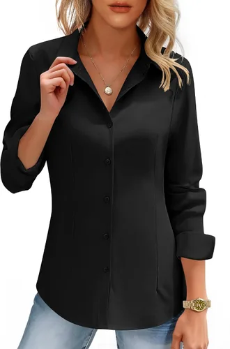 Miniatura 18 de HOTOUCH Camisas de mujer con botones de manga larga, camisa de vestir ajustada, blusas de trabajo, cuello, elegantes, casuales, de negocios