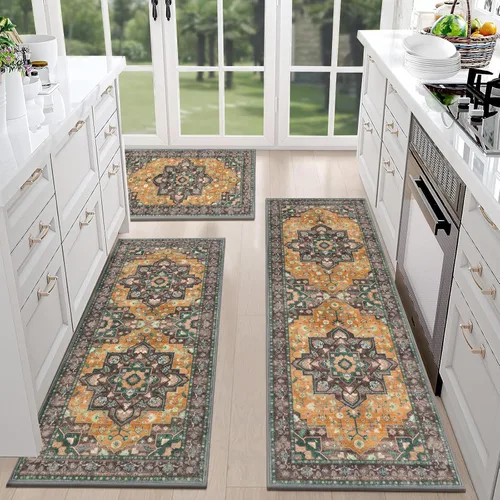 Miniatura 27 de HEBE - Juego de 3 alfombras de cocina de granja, antideslizantes, lavables, tapetes de cocina bohemios para suelo, alfombra de cocina, alfombra