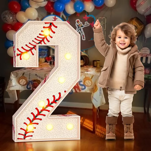 imprsv Decoraciones de béisbol con números de marquesina de 2º cumpleaños: 3 pies de gran luz número 2 Decoración de fiesta de dos años de edad de