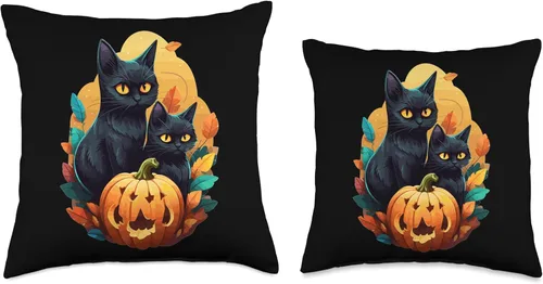 Miniatura 3 de Helloween Cat Costume And Horror Costume Designs Halloween Costume Ladies with Pumpkin and Black Cat Throw Pillow, 18x18, Multicolor