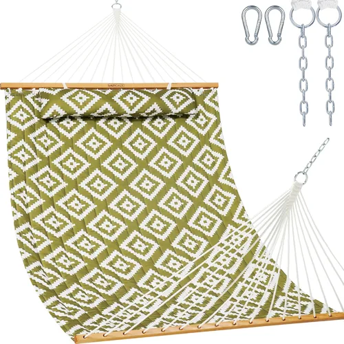 Miniatura 14 de Lazy Daze Hammocks Hamaca de tela acolchada de 12 pies con almohada suave, hamaca doble para 2 personas con barra separadora para patio exterior