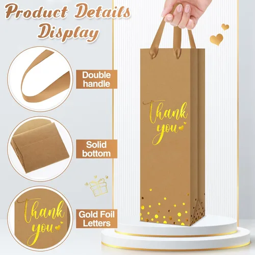Miniatura 4 de Ctosree 30 bolsas de regalo para botellas de vino con asa de 4.3 x 3.5 x 13.7 pulgadas, bolsa de papel de licor para agradecimiento, papel de Marrón