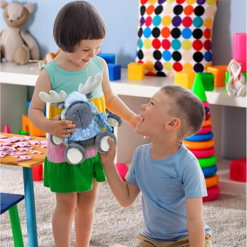 Miniatura 6 de DolliBu - Animal de peluche de alce – Suave peluche abrazable de alce gris con suéter y sombrero, adorable juguete de peluche, lindo regalo de vida