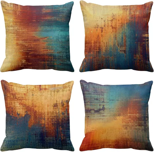 Emvency Juego de 4 fundas de almohada vintage abstracta azul y naranja desordenada pintura de óxido decorativas, decoración del hogar, fundas de