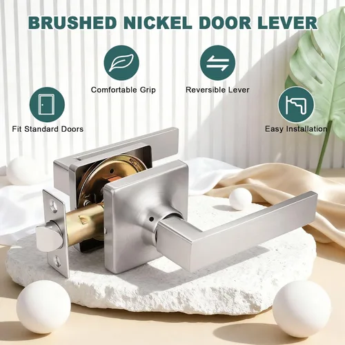 Miniatura 2 de GOBEKOR Paquete de 1 palanca de paso, manijas de puerta rectas de níquel satinado para cerradura de puerta de armario, manija cuadrada de puerta