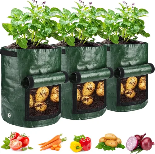 Miniatura 14 de JJGoo Paquete de 2 bolsas de cultivo de patatas de jardín de 10 galones con solapa y asas de aireación, macetas de tela de aireación, macetas