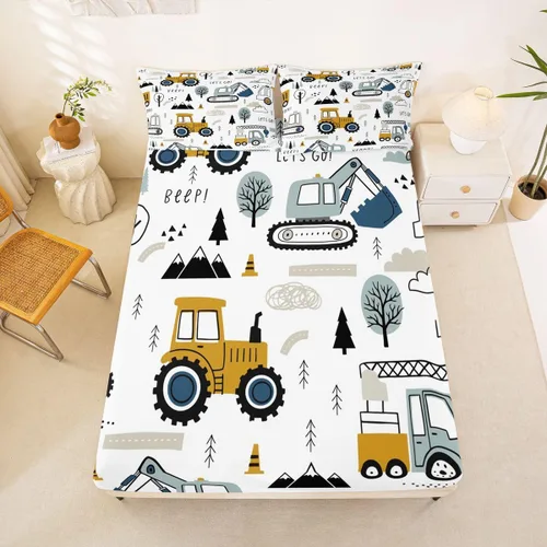 Miniatura 5 de Juego de sábanas bajeras para niños, diseño de caricaturas, equipamiento de decoración, camiones, juego de ropa de cama de dibujos animados, Multi 25
