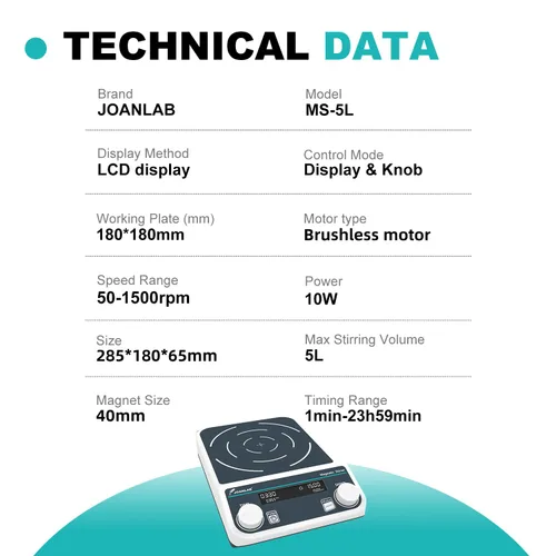 Miniatura 2 de JOANLAB Agitador magnético grande digital placa 5L laboratorio de alta capacidad mezclador magnético de placa de agitación 50-1500rpm con agitador