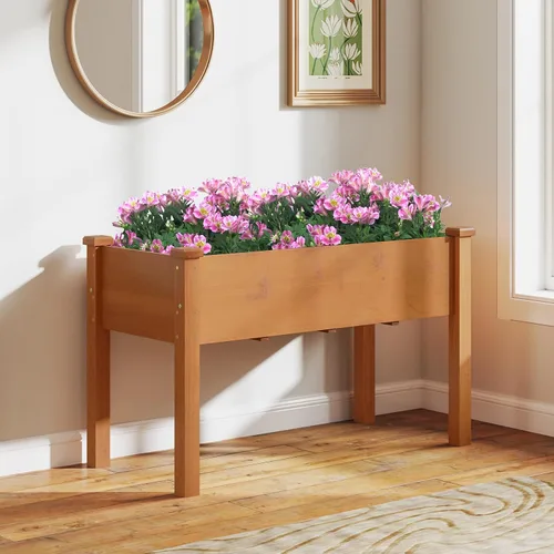 Miniatura 9 de HAPPYGRILL - Cama de jardín elevada, caja de jardín de madera para exteriores con patas, agujeros de drenaje, tela de revestimiento de jardín negra