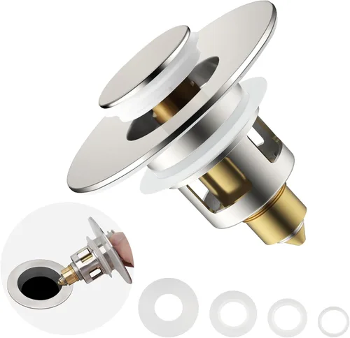 Tapón universal 2 en 1 para lavabo de baño, colador emergente totalmente metálico con cesta de filtro antiobstrucción, para orificios de drenaje de
