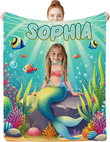 Miniatura 18 de Regalos de Sirena para Niñas, Manta de Bebé Personalizada Pequeña Sirena con Nombre y Foto para Recién Nacidos, Mantas de Regalo Personalizadas
