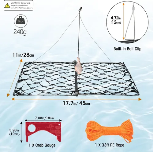 Miniatura 7 de QualyQualy Trampa de Cangrejo Lanzable, Red Plegable para Cangrejos con Cuerda y Clip de Cebo, Redes/Nasas/Trampas para Cangrejos Azules, Dungeness