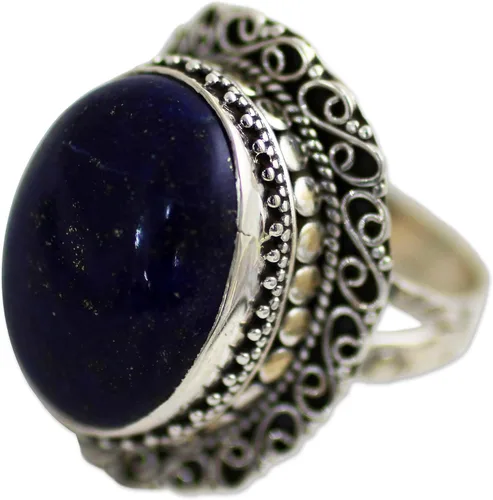 Miniatura 6 de NOVICA Anillo de cóctel hecho a mano de plata de ley 925 lapislázuli con piedra natal azul de la India 'Swirling Sky