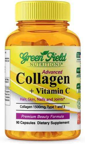 Greenfield Nutritions - Péptidos de colágeno halal de 1500 mg tipo I y III, con vitamina C 300 mg para una mejor absorción, fórmula