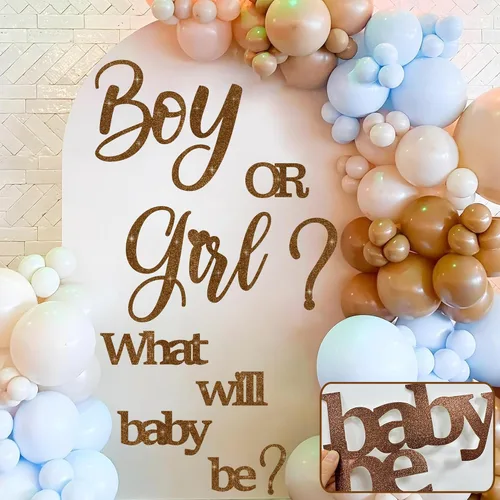 Miniatura 17 de Grandes calcomanías de revelación de género para telón de fondo, señal de baby shower de madera, ¿él o ella? ¿Qué será el bebé? Arco de globos
