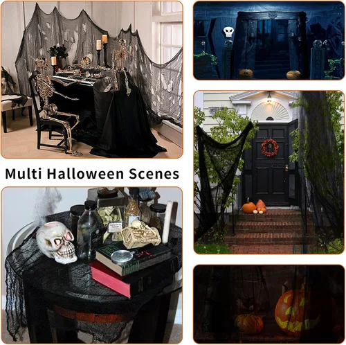 Miniatura 5 de Yunfan- Tela espeluznante de 9.84 yardas x 79 pulgadas + tela de araña para decoración de Halloween para fiestas en interiores, al aire libre