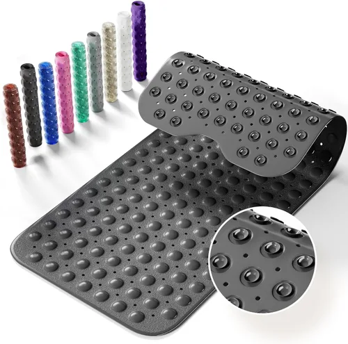Alfombrilla antideslizante para bañera, extra grande de 39x16 pulgadas con agujeros de drenaje y ventosas, lavable a máquina, color negro
