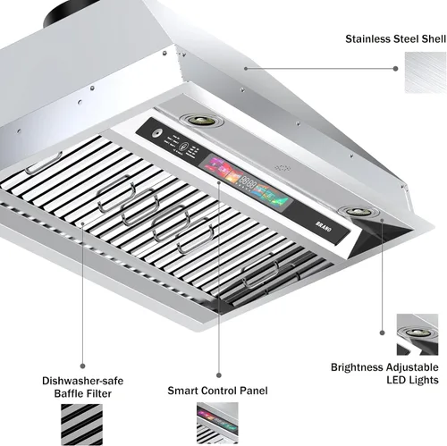 Miniatura 8 de BRANO Campana extractora de inserción, campana de ventilación de cocina integrada de 900 CFM con control de voz, gestos y táctil, ventilador