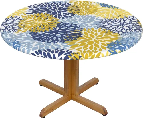 Miniatura 8 de Fiokroo Mantel de Flores de Crisantemo Azul, Amarillo y Azul Marino con Borde Elástico, Mantel Redondo Lavable y Reutilizable Cubierta de Mesa