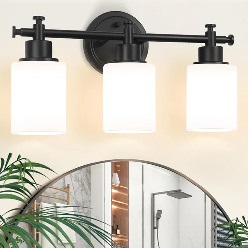 Lámparas de baño negras de 3 luces, modernas luces de tocador sobre el espejo, apliques de pared de baño con pantalla de vidrio blanco, enchufe E26,