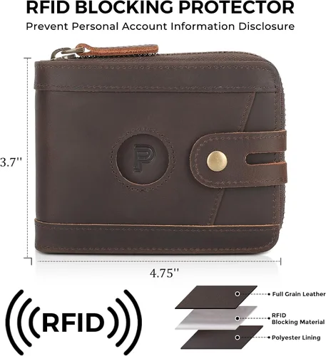 Miniatura 4 de Polare - Cartera plegable de cuero de grano completo para hombre, con bloqueo RFID, ranura para AirTag y bolsillo YKK con cremallera para monedas
