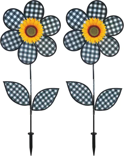 Miniatura 5 de In the Breeze 2646 — Girasol a cuadros rojos de 12 pulgadas con hojas — Flor colorida para patio y jardín Rojo Plaid