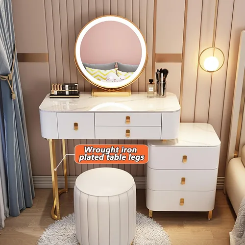 Miniatura 7 de Tocador, tocador de maquillaje con taburete acolchado, tocador con espejo iluminado LED y mesa auxiliar, mesa de maquillaje con 3 cajones