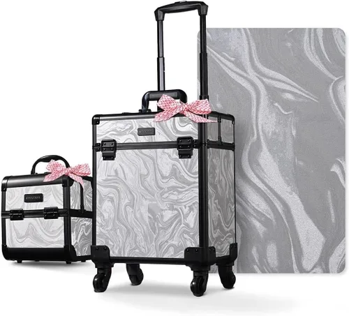 Miniatura 20 de BYOOTIQUE estuche rodante para maquillaje 4 en 1, con cerradura, maletín tipo trolley para cosméticos, con 4 ruedas extraíbles, organizador de viaje