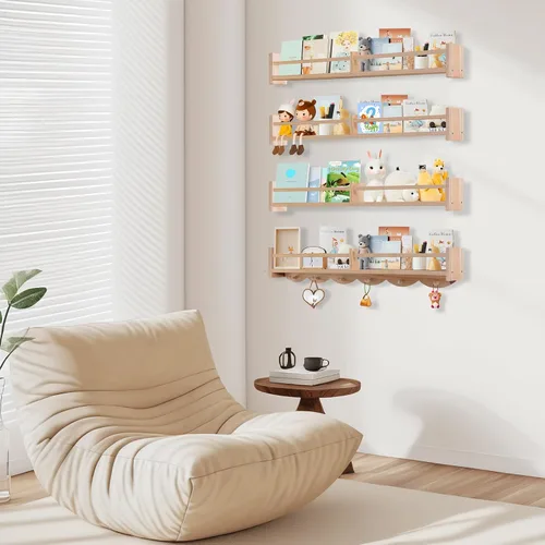 Miniatura 7 de Estantes para libros de guardería de 34 pulgadas montados en la pared, estante flotante para libros para niños con 6 ganchos, estante colgante