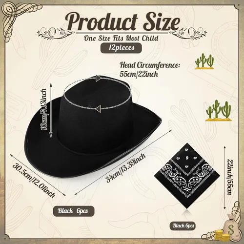 Miniatura 3 de Unittype Juego de 12 sombreros de vaquero para niños, sombrero de vaquera occidental y bandanas de poliéster para niños y niñas, disfraces