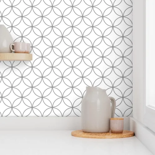 Miniatura 8 de Spoonflower Muestra de papel tapiz extraíble - Círculo moderno de cabaña gris blanco redondo enrejado de mediados de siglo Mod Papel pintado