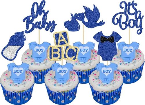 24 piezas de decoración para cupcakes de baby shower Oh Baby con moño, botella para niño, azul profundo, purpurina para pasteles, decoraciones para