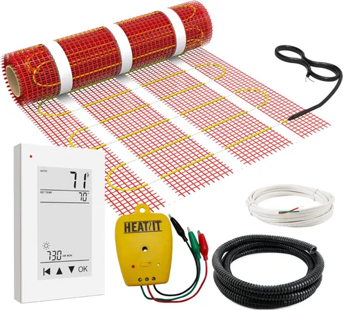 Alfombra HEATIT Warmmat de 10 pies cuadrados, sistema de calefacción de calor radiante eléctrico autoadhesivo para piso & Termostato ET-72 & Monitor
