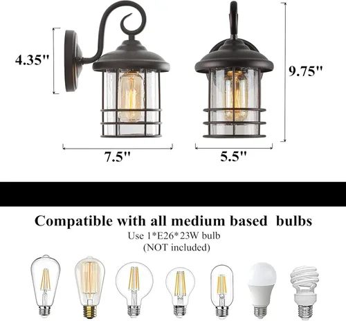 Miniatura 2 de MICSIU Luces de Porche de Bronce Frotado con Aceite para Pared Exterior, Lámparas Exteriores Impermeables Estilo Granja con Casquillos E26