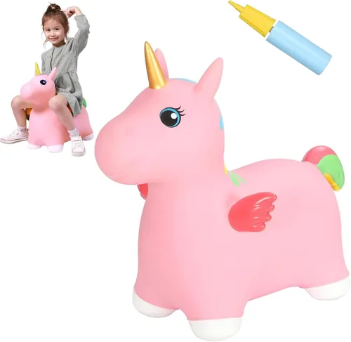 Miniatura 15 de INPANY Tolva de unicornio rosa, tolva de caballo, juguete inflable inflable para niños, niños y niñas, niños pequeños (bomba incluida)