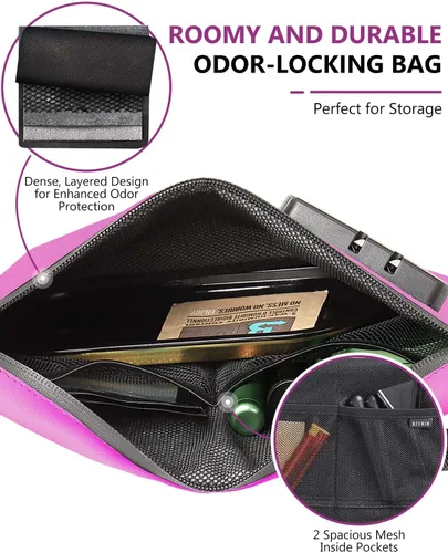 Miniatura 16 de OZCHIN Bolsa a prueba de olores con cerradura de combinación de 10 x 7 pulgadas, bolsa de bloqueo de piel sintética impermeable con cerradura, gran