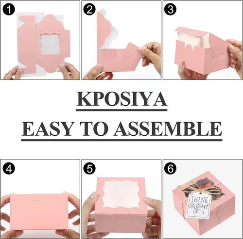 Miniatura 6 de KPOSIYA 60 piezas de cajas de panadería rosas con ventana, cajas individuales para cupcakes de 10 x 10 x 6 cm, cajas de papel kraft rosas