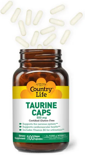 Miniatura 3 de Country Life Tapas de taurina, apoya la salud cardiovascular y el sistema nervioso, 500 mg, 100 cápsulas veganas, certificado sin gluten