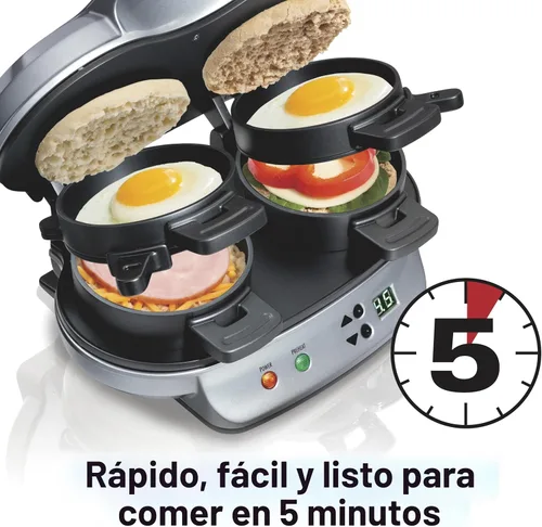 Miniatura 3 de Hamilton Beach Sandwichera doble para desayuno con temporizador, lista en 5 minutos, anillo para cocinar huevos antiadherente libre de PFAS, apto
