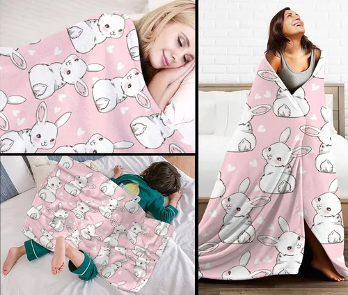 Miniatura 2 de Manta de conejo para niñas, manta de Pascua con dibujos animados de conejos, manta de franela polar para sala de estar, dormitorio, sofá, cama