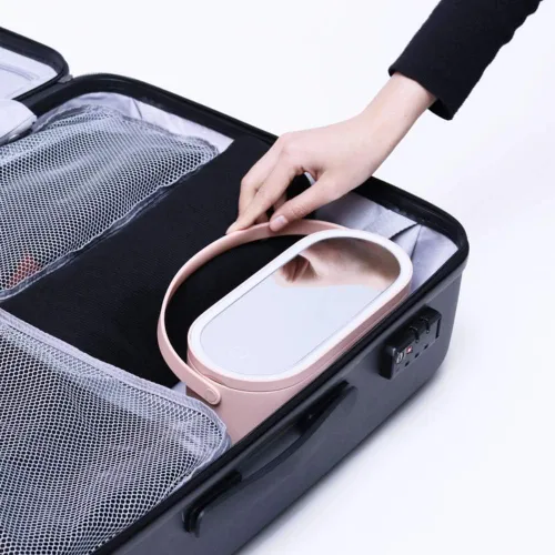 Miniatura 6 de Bolsa organizadora de maquillaje de viaje con espejo de luz LED, organizador de maquillaje, estuche de tren, organizador portátil de cosméticos